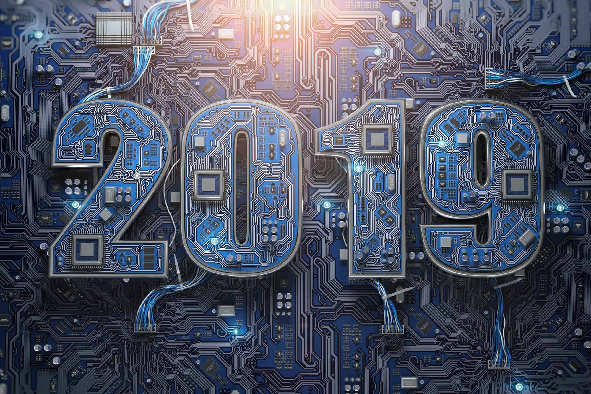 2019在帶CPU的電路板或主板上。計算機技術和互聯網通信數字概念。新年快樂2019。 3d插圖
