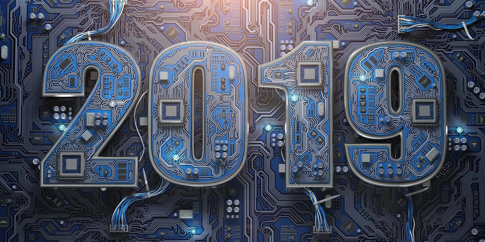 2019 on circuit board or motherboard with cpu. Computer technolo 2019 on circuit board or motherboard with cpu. Computer technology and internet commucations digital concept. Happy new 2019 year. 3d illustration